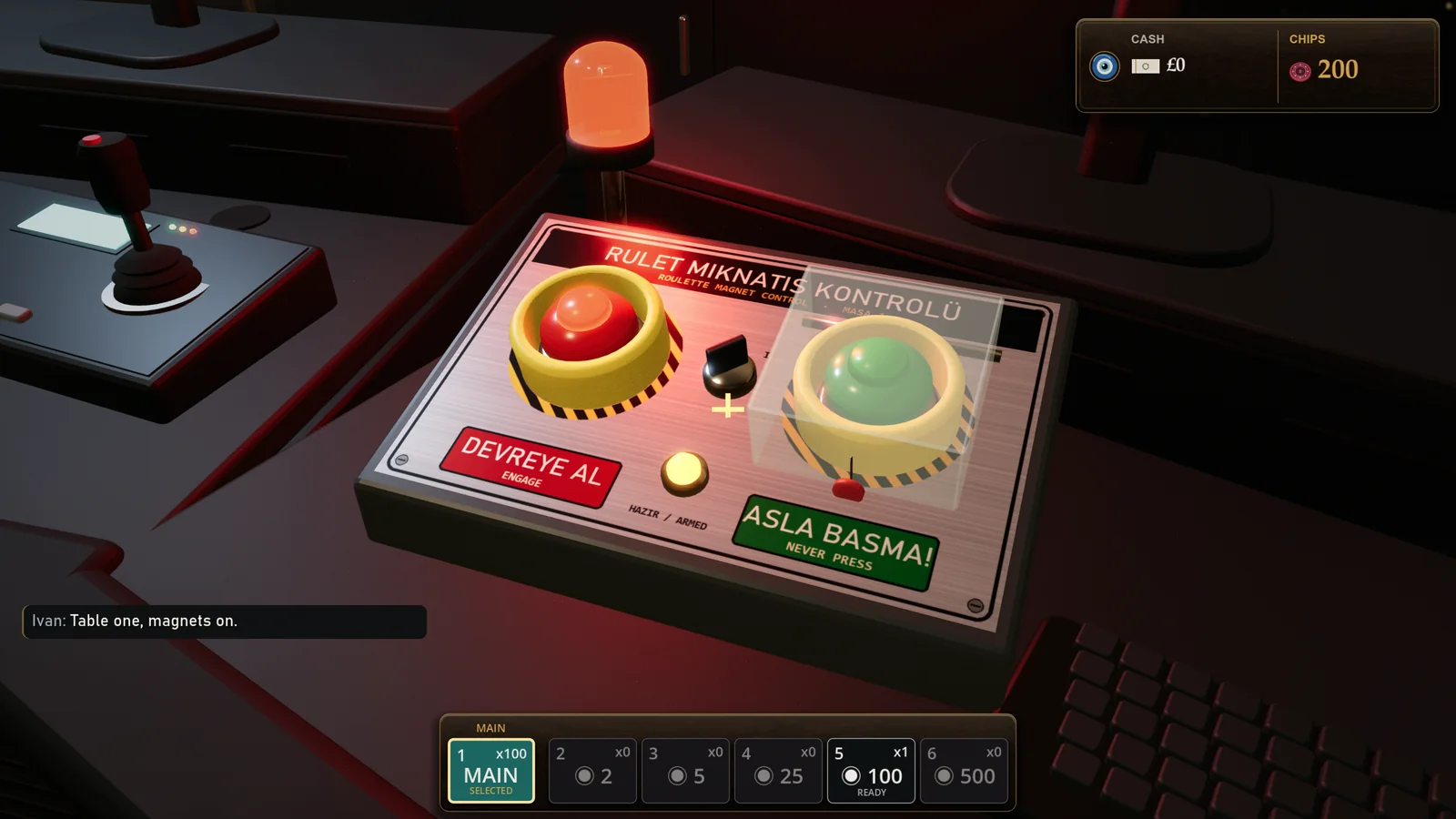 The upstairs roulette operator's control room and red button